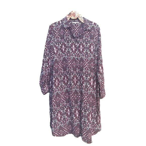 Foxcroft Shirt Dress Maroon Damask Pattern Collared Button Front Side Vents 20W - Picture 1 of 6